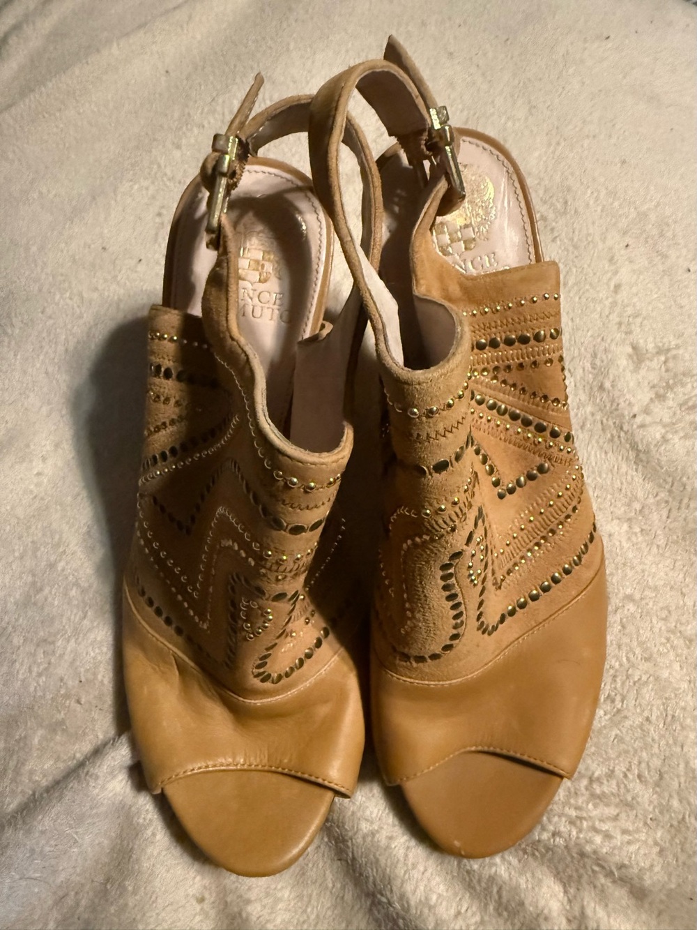 Vince Camuto Tan Studded Peep-Toe Slingback Mules